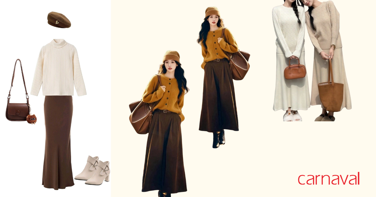 Set 2_ Casual nữ tính với áo len và chân váy midi