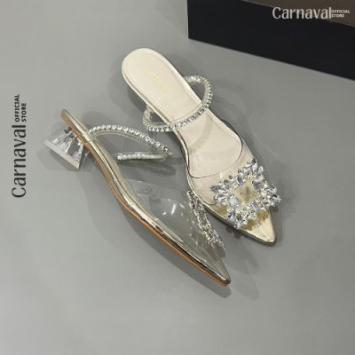 Dép Sục Nữ Cao Gót Carnaval Mũi Nhọn Đính Đá Sang Trọng Có Quai Ngang Gót Trụ Siêu Sang Chảnh - VS89 - ảnh 5