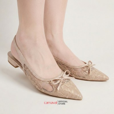 Giày Nữ Carnaval Slingback Ren Hoa Mũi Nhọn Đính Nơ, Giày Bệt Nữ Thanh Lịch - VS202 - ảnh 2
