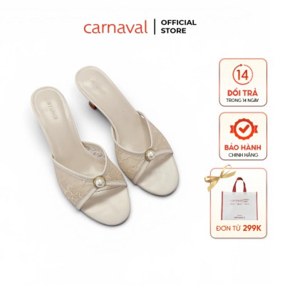 Dép Nữ Cao Gót Carnaval Ren Lưới Đính Ngọc Trai, Gót Nhọn 5cm Thanh Lịch Tiểu Thư - VS205 - ảnh 1