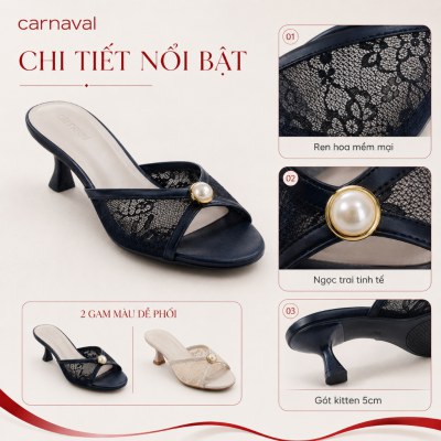 Dép Nữ Cao Gót Carnaval Ren Lưới Đính Ngọc Trai, Gót Nhọn 5cm Thanh Lịch Tiểu Thư - VS205 - ảnh 6