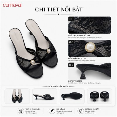 Dép Nữ Cao Gót Carnaval Ren Lưới Đính Ngọc Trai, Gót Nhọn 5cm Thanh Lịch Tiểu Thư - VS205 - ảnh 8