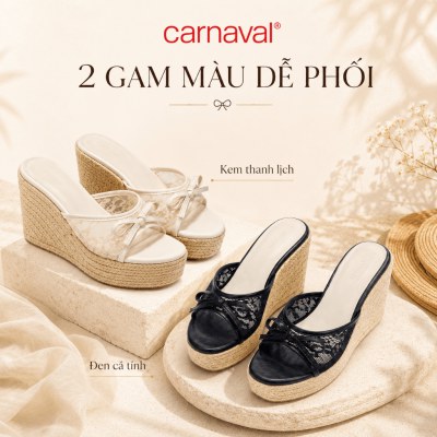 Dép Nữ Đế Xuồng Bọc Cói Carnaval Ren Lưới Đính Nơ, Gót Cao 11cm Dịu Dàng Sang Trọng - VS206 - ảnh 2