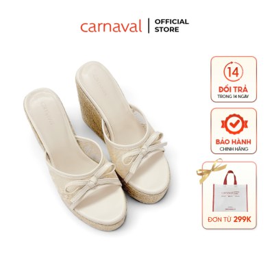 Dép Nữ Đế Xuồng Bọc Cói Carnaval Ren Lưới Đính Nơ, Gót Cao 11cm Dịu Dàng Sang Trọng - VS206 - ảnh 1