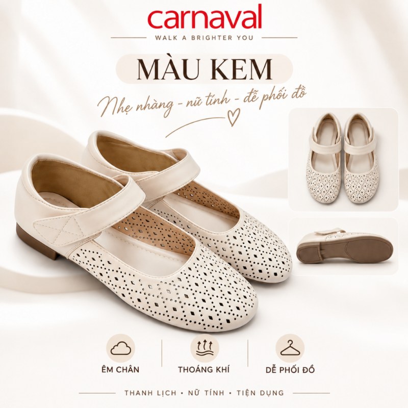 Giày Búp Bê Nữ Carnaval Mary Jane Đục Lỗ Thoáng Khí, Quai Dán Mũi Tròn, Đế Bệt Êm Chân -VS232 — giày/túi nữ chính hãng Carnaval