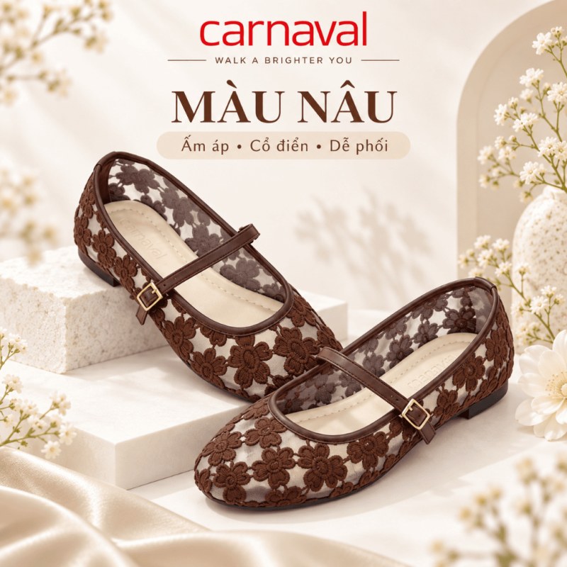 Giày Búp Bê Nữ Carnaval Mary Jane Ren Hoa Xuyên Thấu, Quai Ngang Khóa Kim Loại Thanh Lịch Vintage - VS230 — giày/túi nữ chính hãng Carnaval
