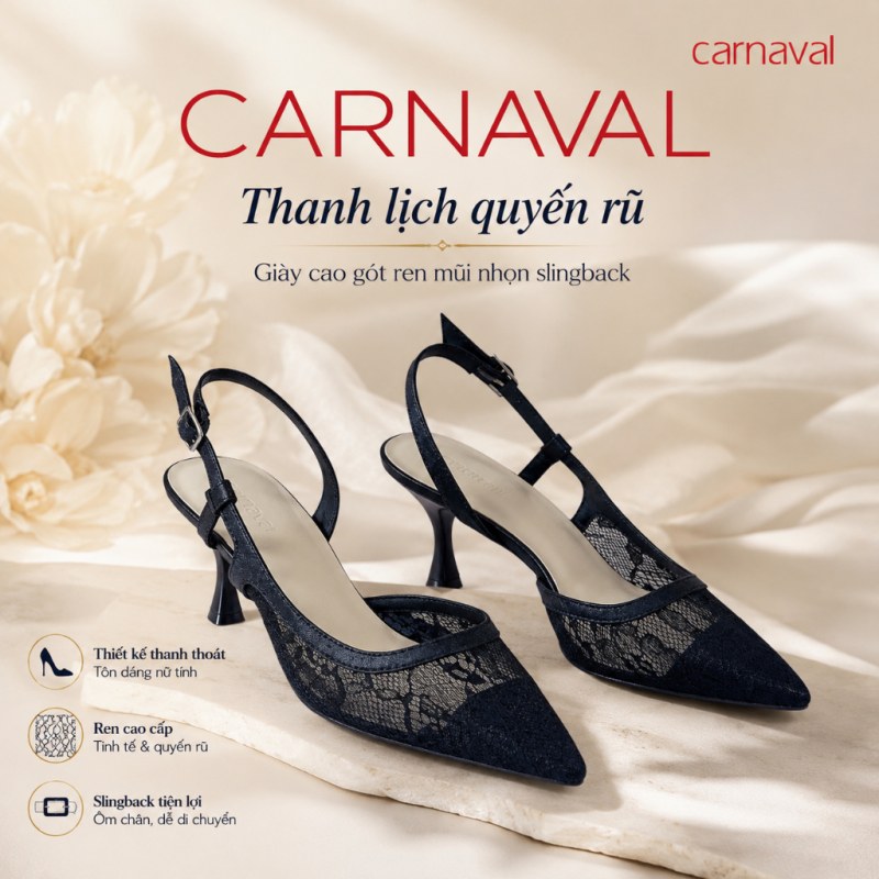Giày Cao Gót Nữ Carnaval Slingback Ren Hoa Mũi Nhọn Cao 7cm, Kiểu Dáng Thanh Lịch Sang Trọng - VS207 — giày/túi nữ chính hãng Carnaval