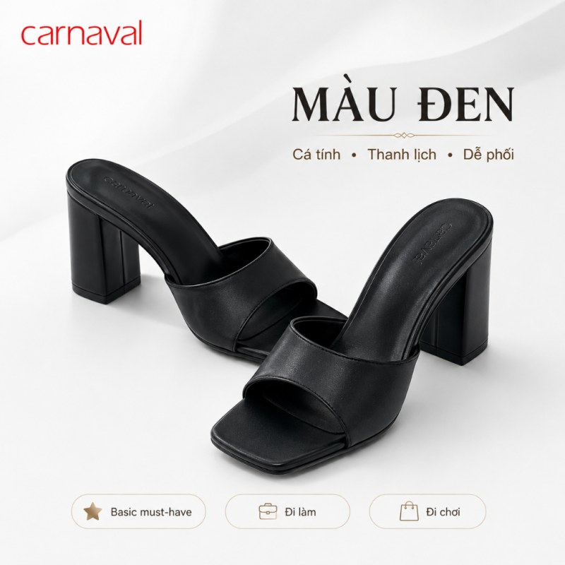 Dép Nữ Cao Gót Carnaval Mũi Vuông Quai Bản Ngang, Gót Trụ Cao 7cm Thanh Lịch Tối Giản - VS208 — giày/túi nữ chính hãng Carnaval