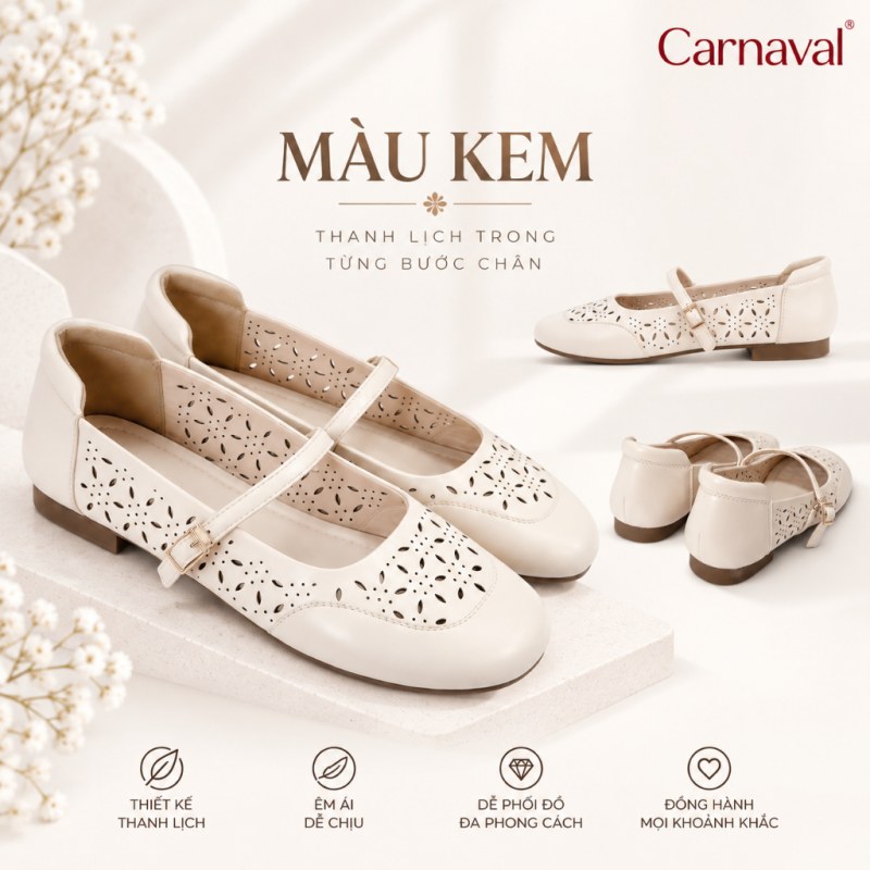 Giày Búp Bê Nữ Carnaval Mary Jane Đục Lỗ Hoa, Quai Ngang Khóa Kim Loại, Êm Chân Phong Cách Vintage -VS231 — giày/túi nữ chính hãng Carnaval