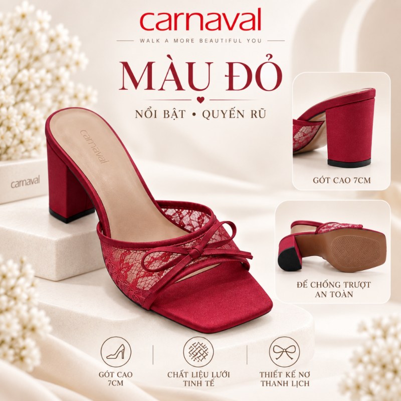 Dép Cao Gót Nữ Carnaval Quai Ren Đính Nơ Mũi Vuông, Gót Vuông 7cm Thanh Lịch Sang Trọng Đi Tiệc - VS233 — giày/túi nữ chính hãng Carnaval