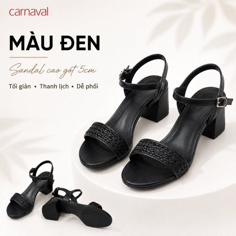 Sandal Cao Gót 5cm Nữ Carnaval Quai Ngang Đan Tết, Quai Hậu Khóa Cài, Gót Vuông Thanh Lịch - VS223 — giày/túi nữ chính hãng Carnaval