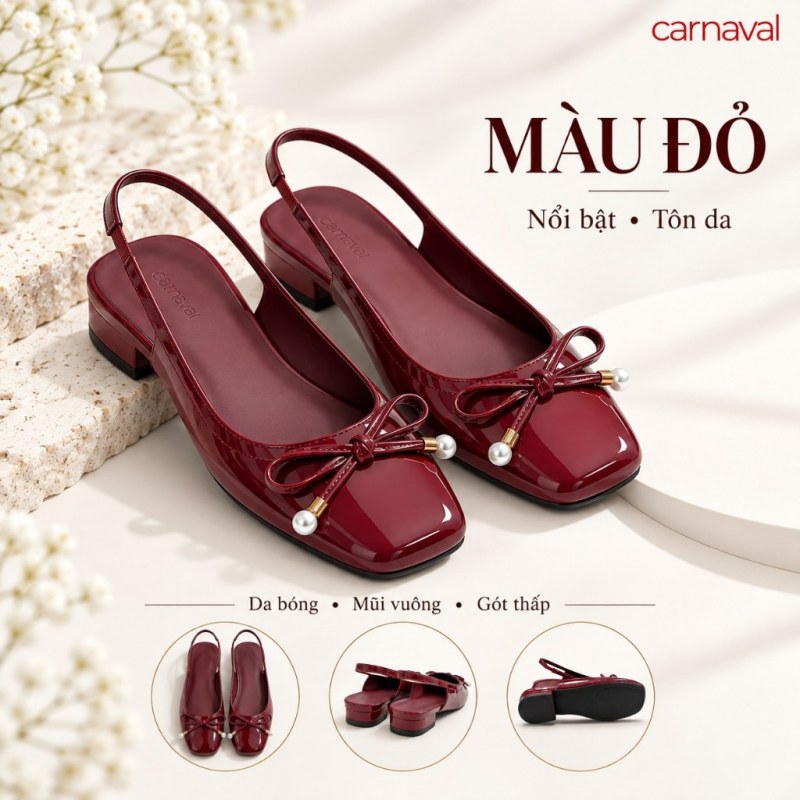 Giày Búp Bê Nữ Carnaval Quai Hậu Da Bóng Mũi Vuông, Đính Nơ Ngọc Trai Gót Thấp Sang Trọng - VS237 — giày/túi nữ chính hãng Carnaval