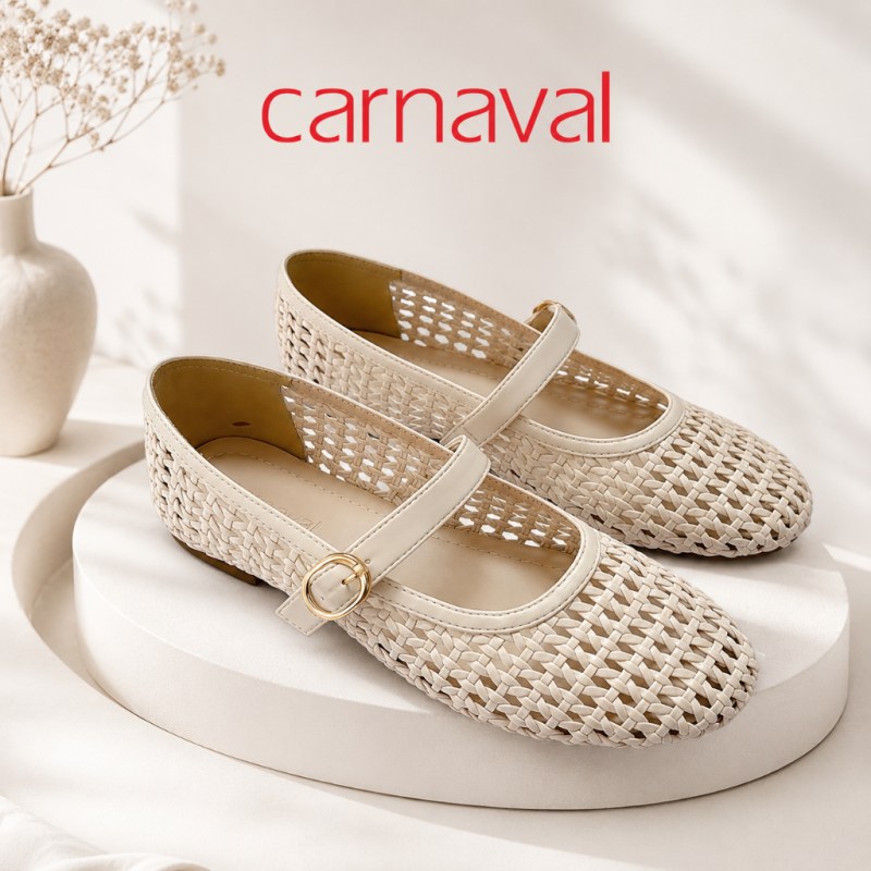 Giày Búp Bê Nữ Carnaval Đan Mây Quai Ngang Khóa Tròn, Giày Bệt Nữ Thanh Lịch Vintage - VS204 — giày/túi nữ chính hãng Carnaval