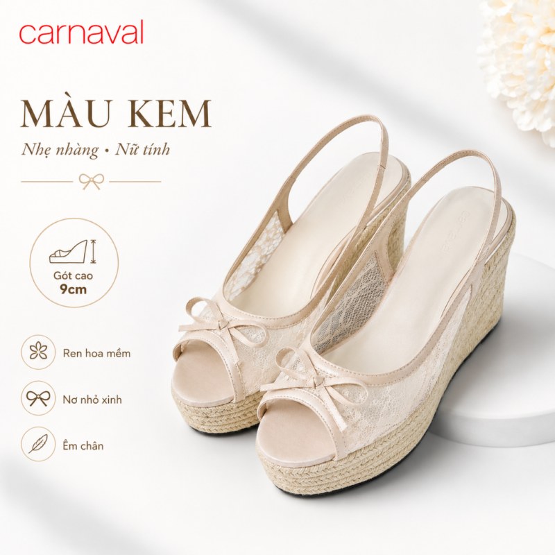 Sandal Đế Xuồng Nữ Carnaval Quai Hậu Phối Ren Nơ Xinh, Đế Cói Cao 9cm Tôn Dáng Êm Chân - VS218 — giày/túi nữ chính hãng Carnaval