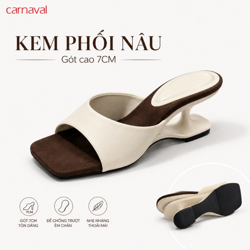 Dép Cao Gót Nữ Carnaval Mũi Vuông Quai Ngang Phối Màu, Gót 7cm Thanh Lịch Êm Chân Dễ Phối Đồ VS229 — giày/túi nữ chính hãng Carnaval