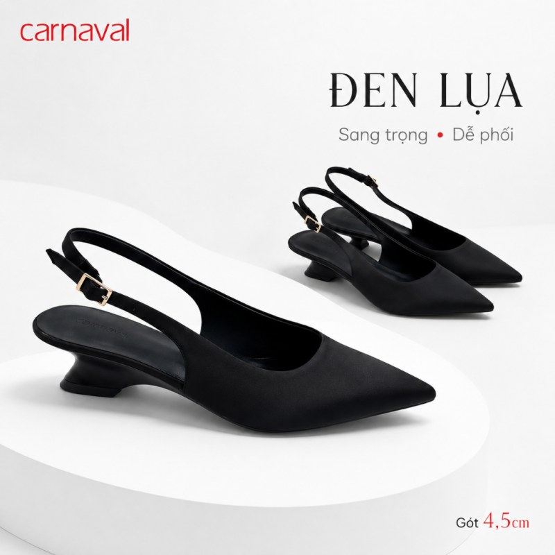 Giày Cao Gót Nữ Carnaval Mũi Nhọn Quai Hậu Khóa Kim Loại, Gót Điêu Khắc 4.5cm Thanh Lịch - VS225 — giày/túi nữ chính hãng Carnaval
