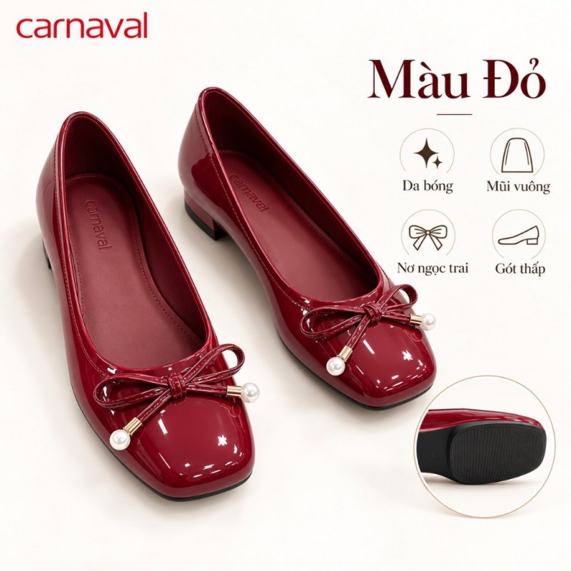 Giày Búp Bê Nữ Carnaval Da Bóng Mũi Vuông Đính Nơ Ngọc Trai, Gót Thấp Êm Chân Sang Trọng - VS236 — giày/túi nữ chính hãng Carnaval