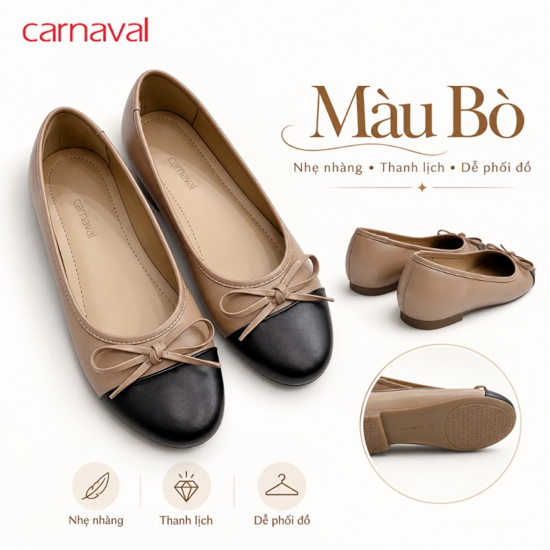 Giày Búp Bê Nữ Carnaval Mũi Phối Đen Đính Nơ, Đế Bệt Êm Chân Thanh Lịch Dễ Phối Đồ - VS235 — giày/túi nữ chính hãng Carnaval
