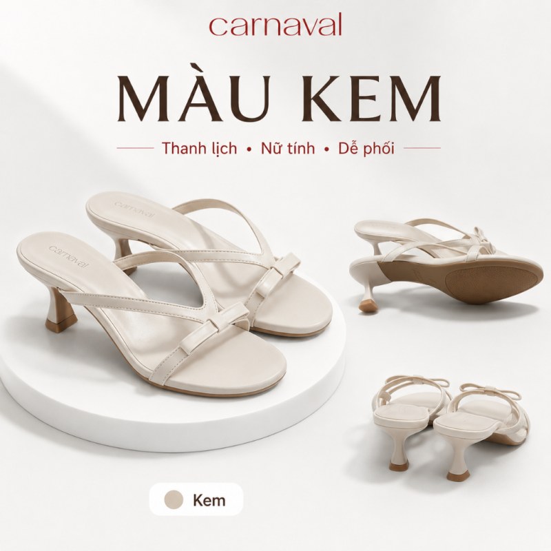 Dép Cao Gót Nữ Carnaval Quai Đính Nơ, Guốc Gót Cao 5cm Kiểu Thanh Lịch, Tối Giản - VS210 — giày/túi nữ chính hãng Carnaval