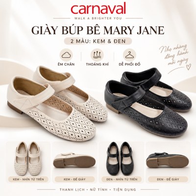 Giày Búp Bê Nữ Carnaval Mary Jane Đục Lỗ Thoáng Khí, Quai Dán Mũi Tròn, Đế Bệt Êm Chân -VS232 - ảnh 1