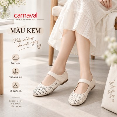 Giày Búp Bê Nữ Carnaval Mary Jane Đục Lỗ Thoáng Khí, Quai Dán Mũi Tròn, Đế Bệt Êm Chân -VS232 - ảnh 7