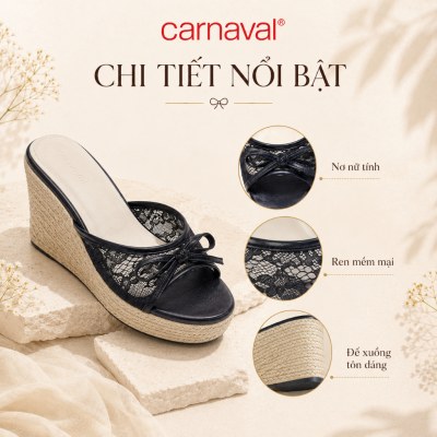 Dép Nữ Đế Xuồng Bọc Cói Carnaval Ren Lưới Đính Nơ, Gót Cao 11cm Dịu Dàng Sang Trọng - VS206 - ảnh 10