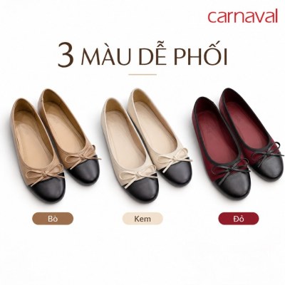 Giày Búp Bê Nữ Carnaval Mũi Phối Đen Đính Nơ, Đế Bệt Êm Chân Thanh Lịch Dễ Phối Đồ - VS235 - ảnh 2