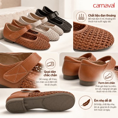 Giày Búp Bê Nữ Carnaval Mary Jane Phối Đan Lát, Quai Dán Tiện Lợi Mũi Tròn Đế Thấp Thanh Lịch - VS234 - ảnh 6