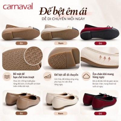 Giày Búp Bê Nữ Carnaval Mũi Phối Đen Đính Nơ, Đế Bệt Êm Chân Thanh Lịch Dễ Phối Đồ - VS235 - ảnh 7