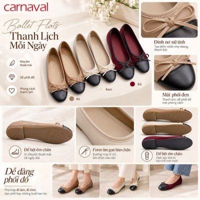 Giày Búp Bê Nữ Carnaval Mũi Phối Đen Đính Nơ, Đế Bệt Êm Chân Thanh Lịch Dễ Phối Đồ - VS235 - ảnh 6