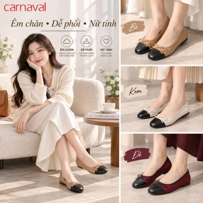Giày Búp Bê Nữ Carnaval Mũi Phối Đen Đính Nơ, Đế Bệt Êm Chân Thanh Lịch Dễ Phối Đồ - VS235 - ảnh 8