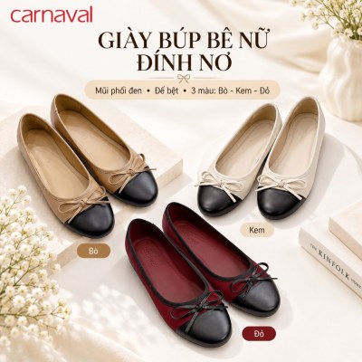 Giày Búp Bê Nữ Carnaval Mũi Phối Đen Đính Nơ, Đế Bệt Êm Chân Thanh Lịch Dễ Phối Đồ - VS235 - ảnh 1