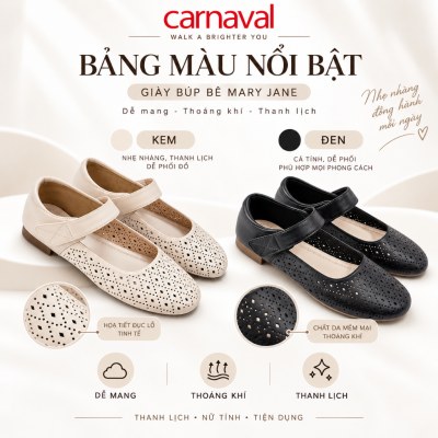Giày Búp Bê Nữ Carnaval Mary Jane Đục Lỗ Thoáng Khí, Quai Dán Mũi Tròn, Đế Bệt Êm Chân -VS232 - ảnh 3