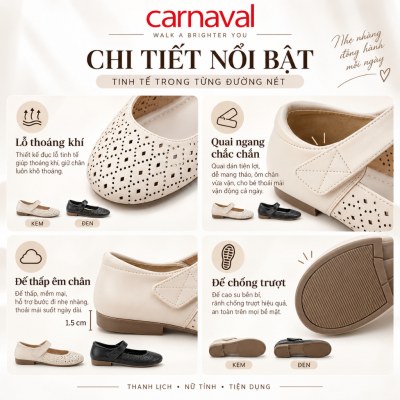 Giày Búp Bê Nữ Carnaval Mary Jane Đục Lỗ Thoáng Khí, Quai Dán Mũi Tròn, Đế Bệt Êm Chân -VS232 - ảnh 6