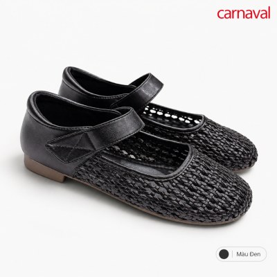 Giày Búp Bê Nữ Carnaval Mary Jane Phối Đan Lát, Quai Dán Tiện Lợi Mũi Tròn Đế Thấp Thanh Lịch - VS234 - ảnh 4