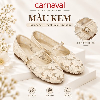 Giày Búp Bê Nữ Carnaval Mary Jane Ren Hoa Xuyên Thấu, Quai Ngang Khóa Kim Loại Thanh Lịch Vintage - VS230 - ảnh 3