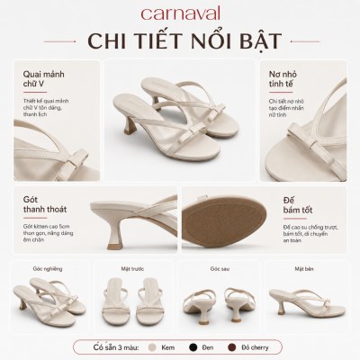 Dép Cao Gót Nữ Carnaval Quai Đính Nơ, Guốc Gót Cao 5cm Kiểu Thanh Lịch, Tối Giản - VS210 - ảnh 4