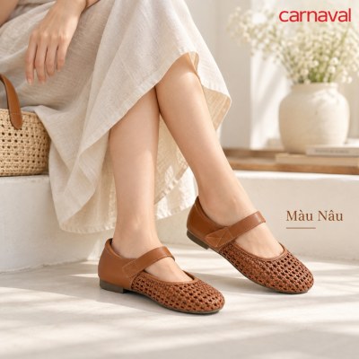 Giày Búp Bê Nữ Carnaval Mary Jane Phối Đan Lát, Quai Dán Tiện Lợi Mũi Tròn Đế Thấp Thanh Lịch - VS234 - ảnh 9