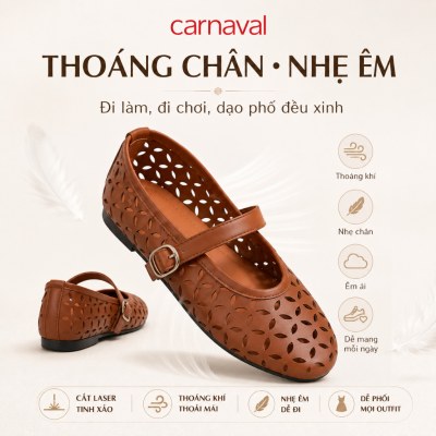 Giày Búp Bê Nữ Đế Bệt Quai Ngang Da Đục Lỗ Thoáng Khí, Phong Cách Vintage Carnaval - VS132 - ảnh 7