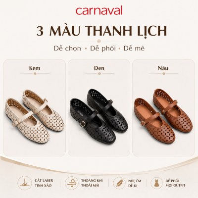 Giày Búp Bê Nữ Đế Bệt Quai Ngang Da Đục Lỗ Thoáng Khí, Phong Cách Vintage Carnaval - VS132 - ảnh 2