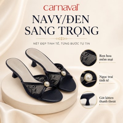 Dép Nữ Cao Gót Carnaval Ren Lưới Đính Ngọc Trai, Gót Nhọn 5cm Thanh Lịch Tiểu Thư - VS205 - ảnh 10
