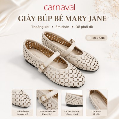 Giày Búp Bê Nữ Đế Bệt Quai Ngang Da Đục Lỗ Thoáng Khí, Phong Cách Vintage Carnaval - VS132 - ảnh 3