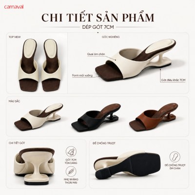 Dép Cao Gót Nữ Carnaval Mũi Vuông Quai Ngang Phối Màu, Gót 7cm Thanh Lịch Êm Chân Dễ Phối Đồ VS229 - ảnh 4