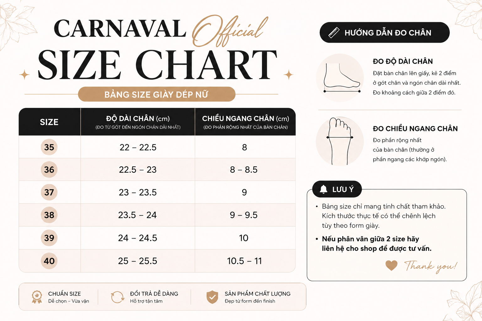 Bảng quy đổi size giày Carnaval (VN/EU/UK/US)